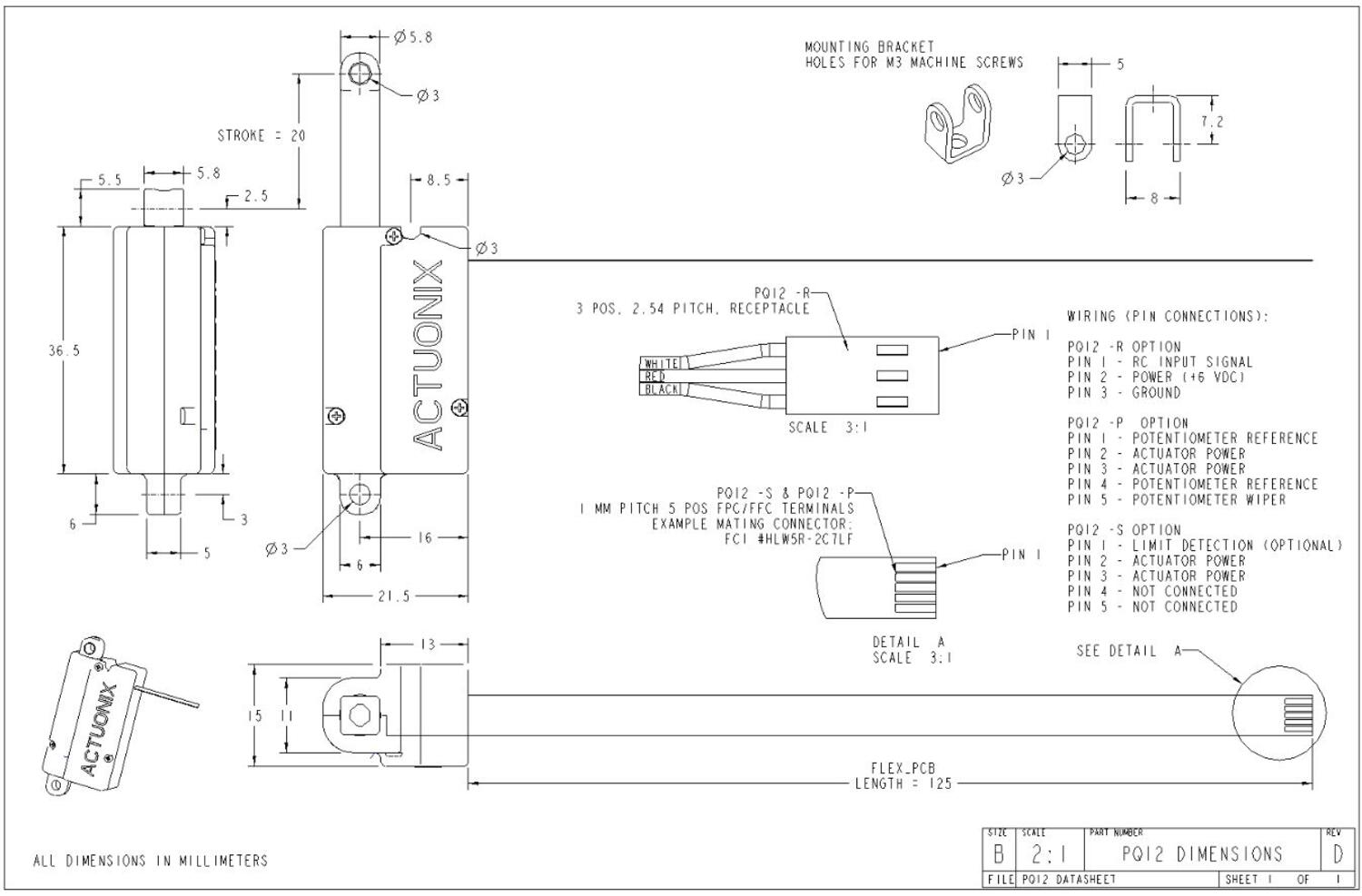Actuonix miniatyrställdon PQ12 dimensioner