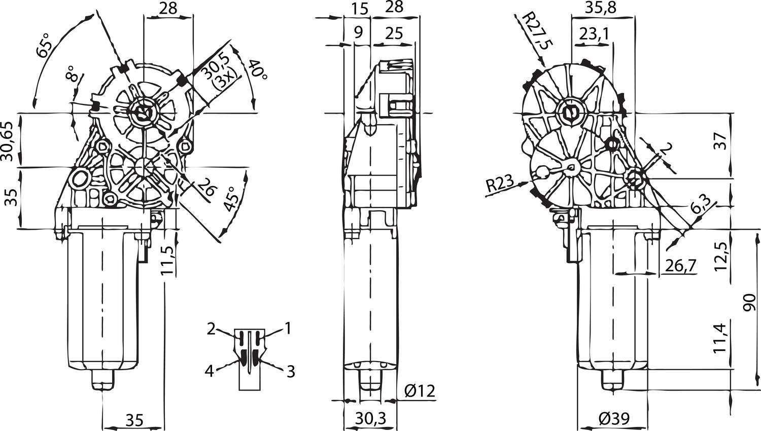 DC-motor Bosch AHC 24 V mått