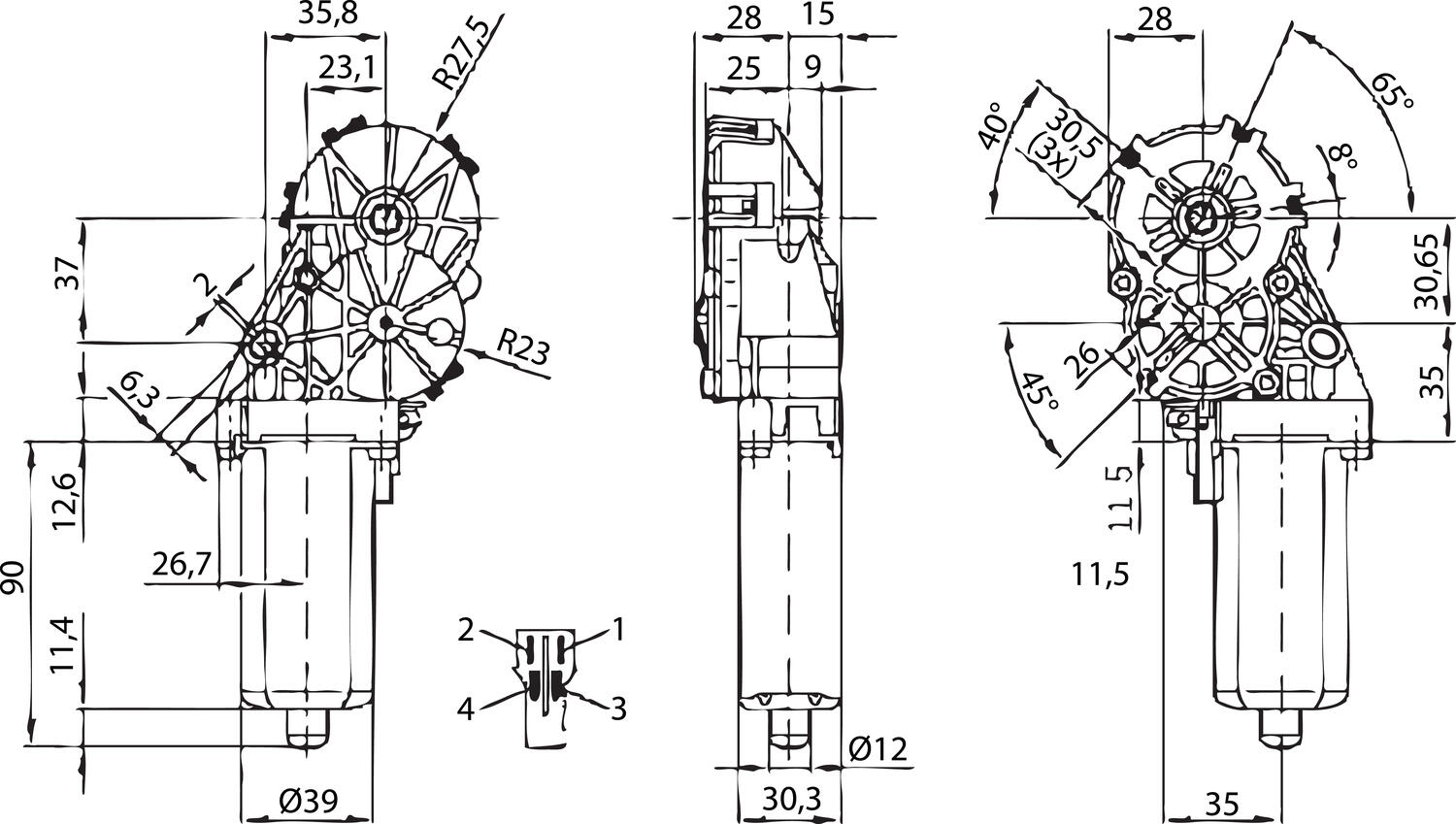DC-motor Bosch AHC 24 V mått