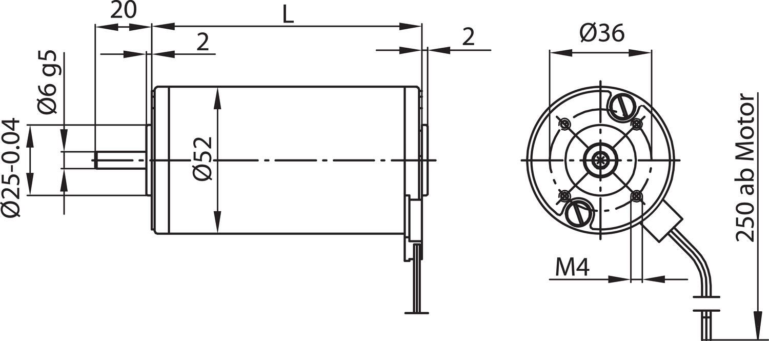 DC-motor med permanentmagnet PG52 mått