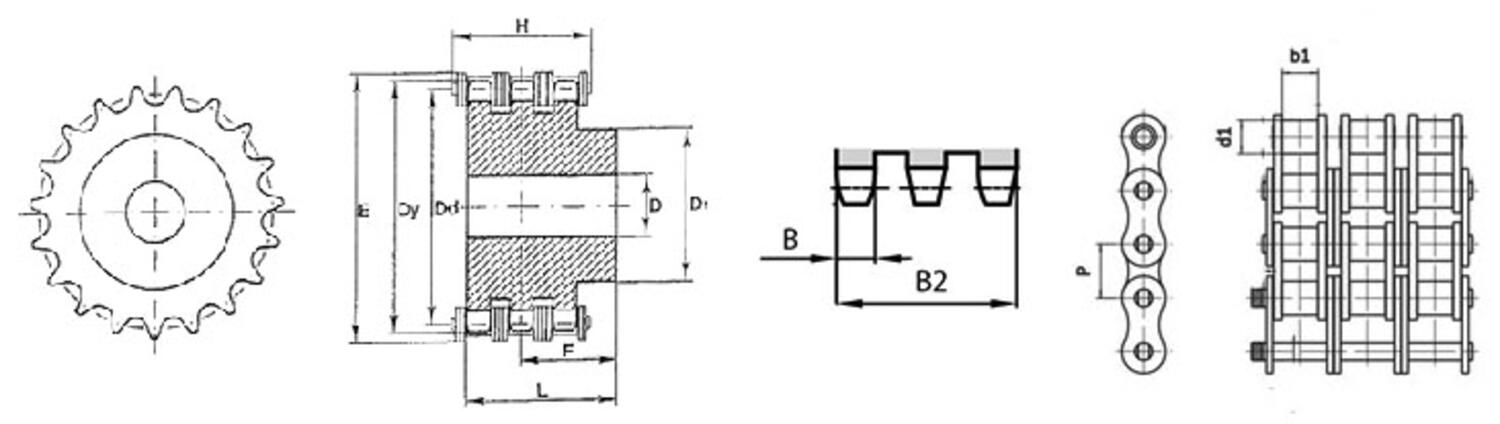 Kedjehjul men nav triplex ritning