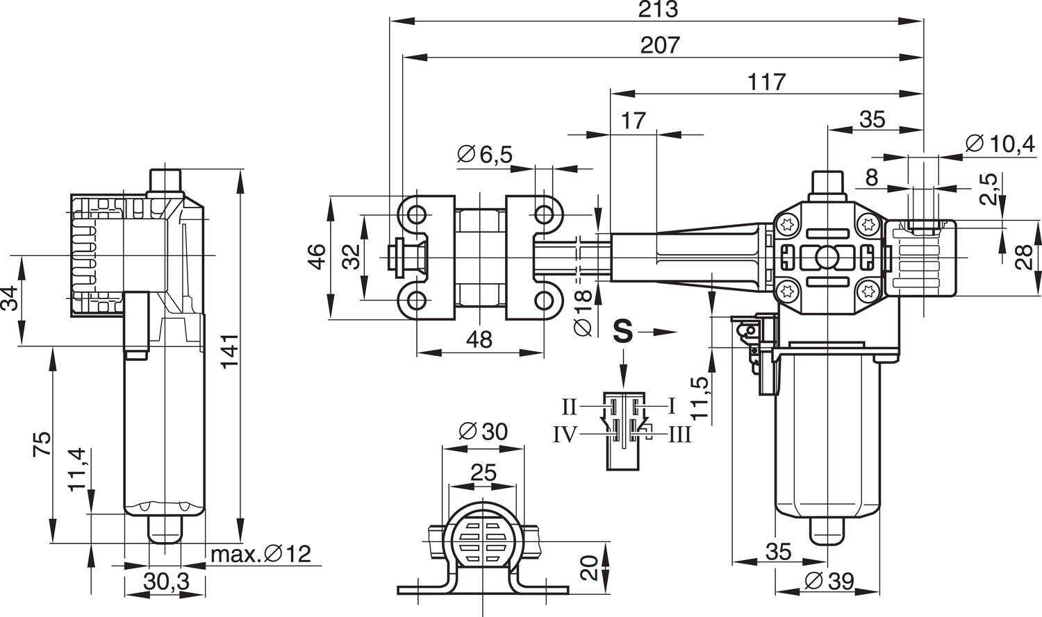 Mått DC-motor AHC 12 V med hallsensor