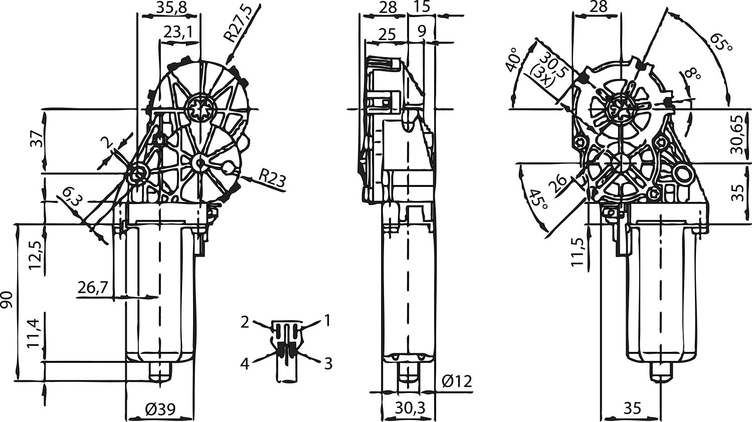 Mått DC-motor Bosch AHC 12 V