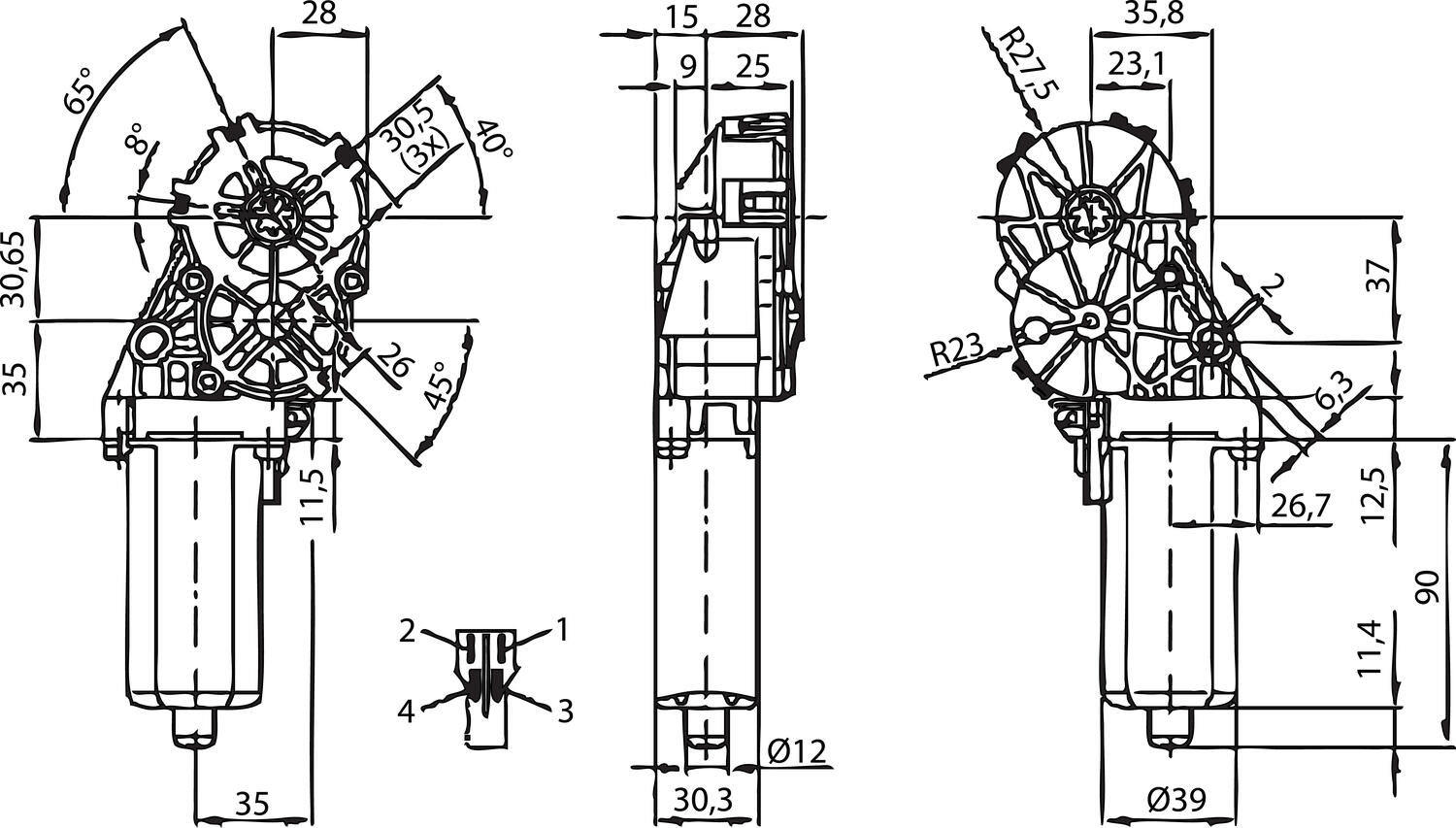 Mått för DC-motor Bosch AHC 12 V